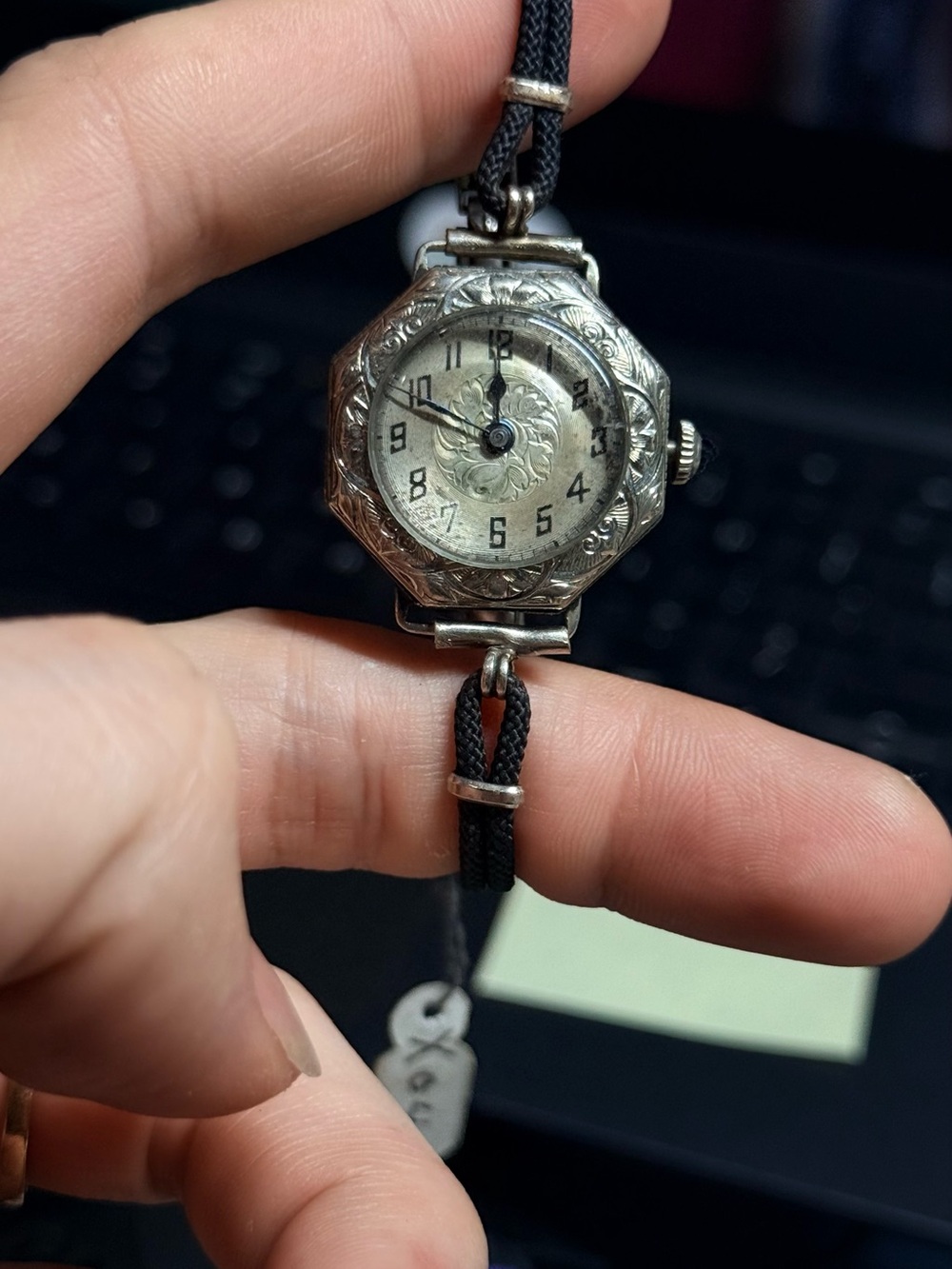 Antique Engraved Octagonal Silver-Tone Ladies Wristwatch with Black Cord Band
